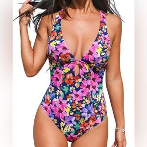 CUPSHE Textured Deep V-Neck Keyhole One-Piece Swimsuit Floral Size Large H-15